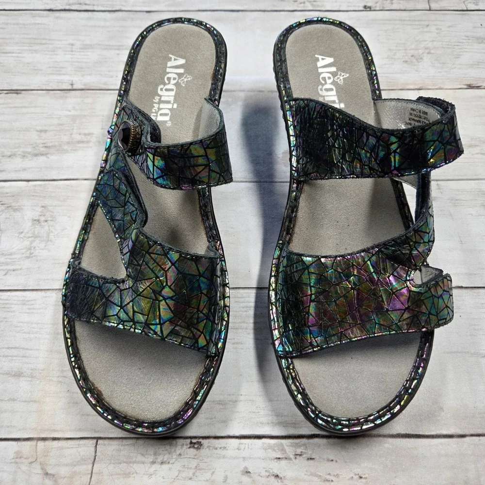 Alegria Loti Wedge Sandals Women 40 Multicolor Holographic Mosaic Leather Straps